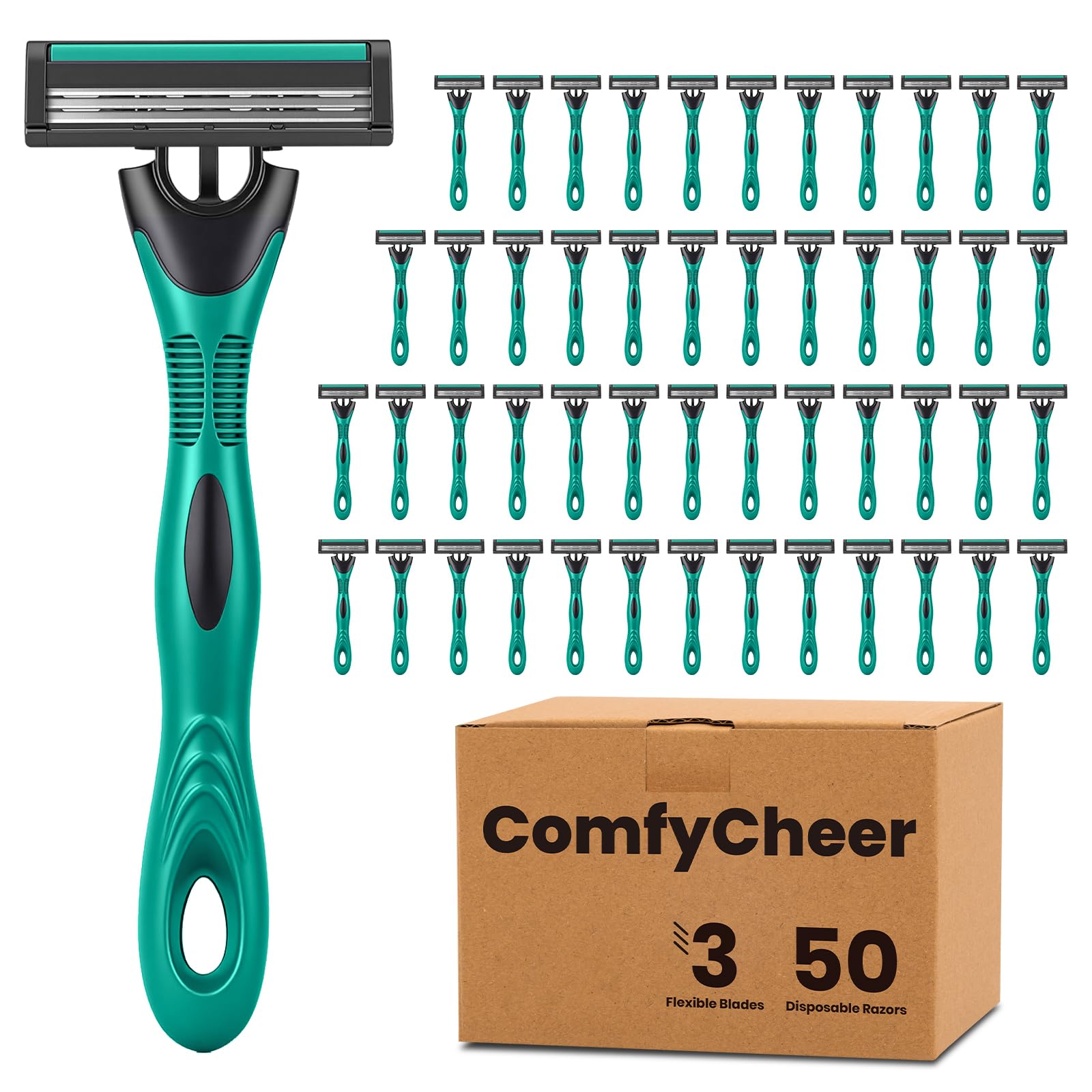 Comfycheer 50-count disposable razors pack for daily use and travel.