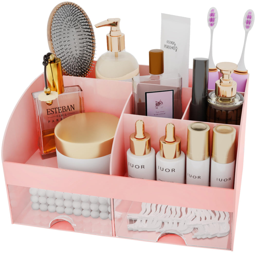 COMFYROOM pink makeup organizer with drawers open for easy access