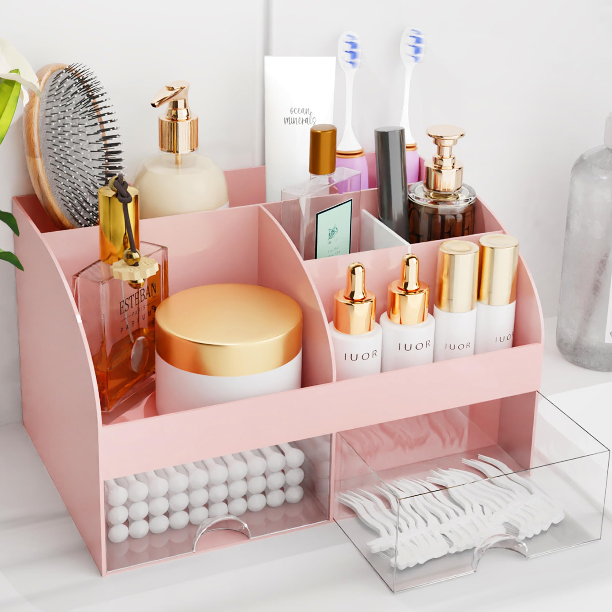 COMFYROOM makeup organizer pink front view with spacious compartments