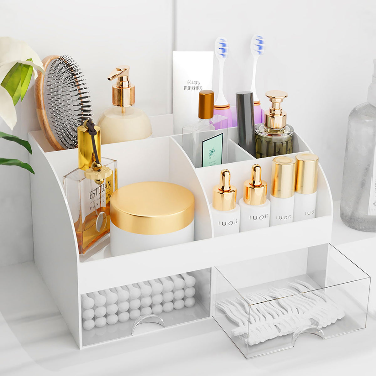 COMFYROOM makeup organizer with six sections and two drawers keeps cosmetics organized.
