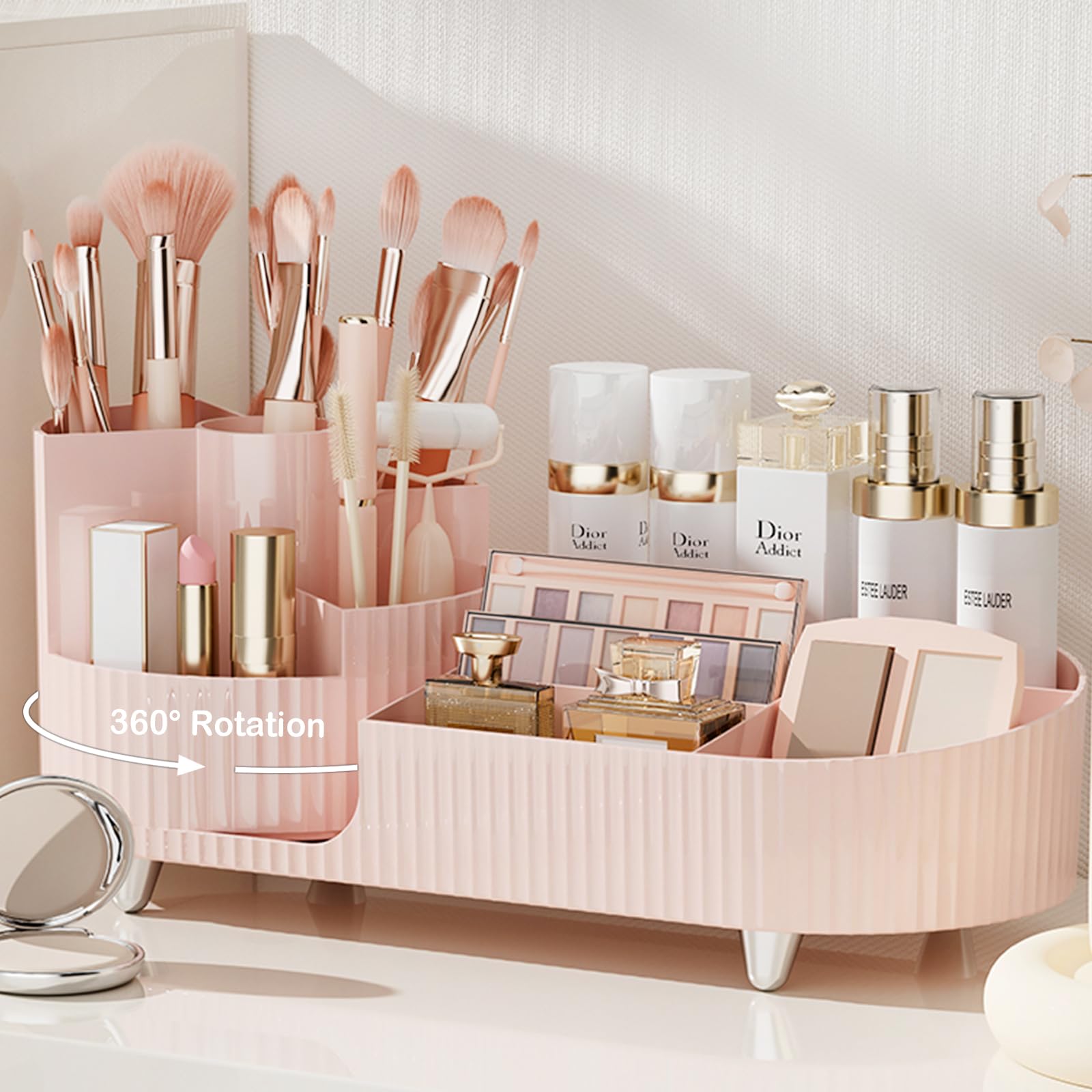 COMFYROOM pink rotating vanity organizer keeps cosmetics within easy reach.