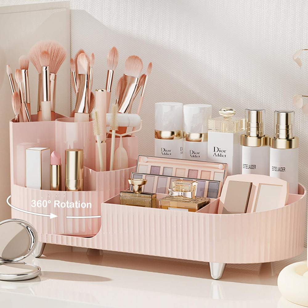 COMFYROOM pink rotating vanity organizer keeps cosmetics within easy reach.