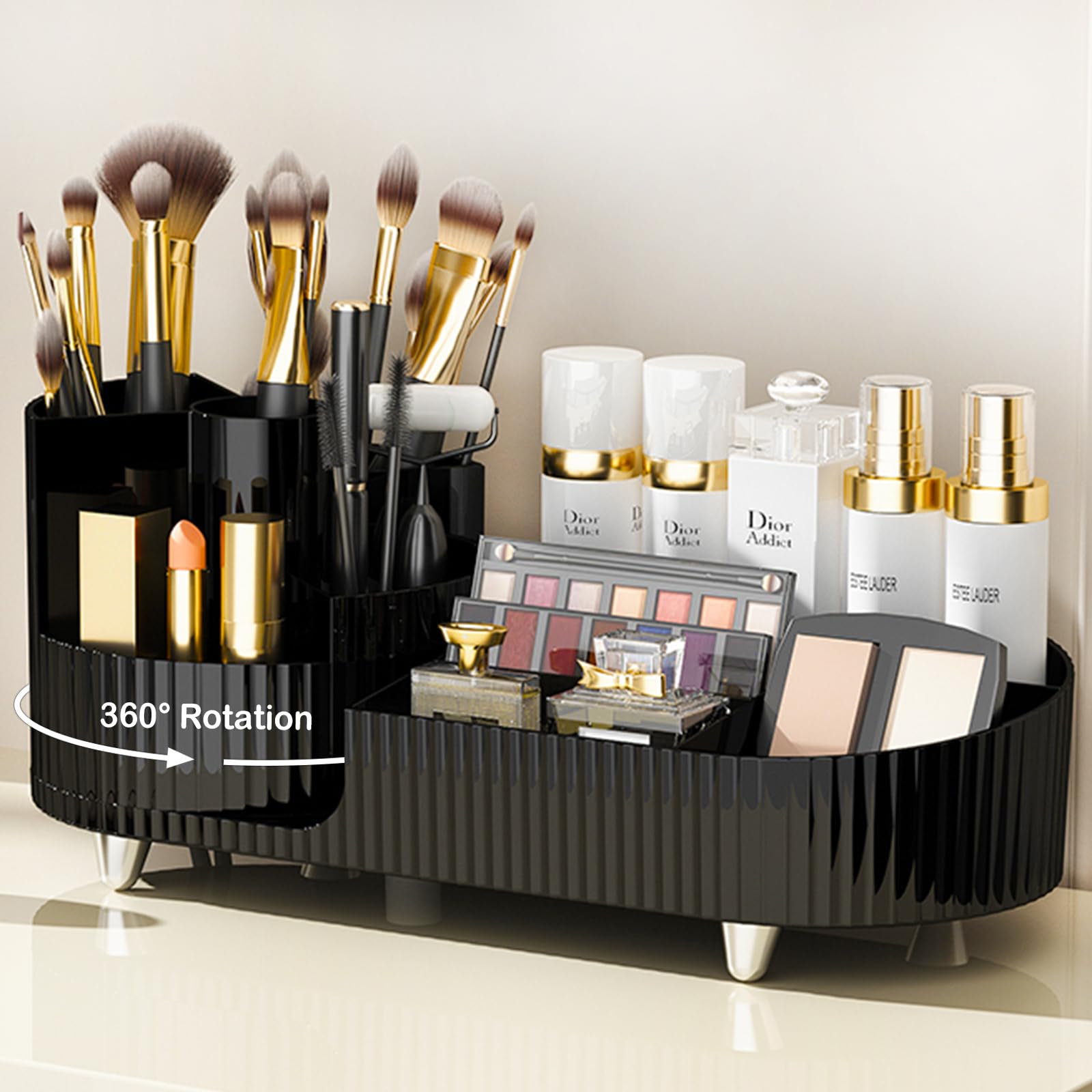 COMFYROOM rotating makeup organizer front view showing organized vanity storage.