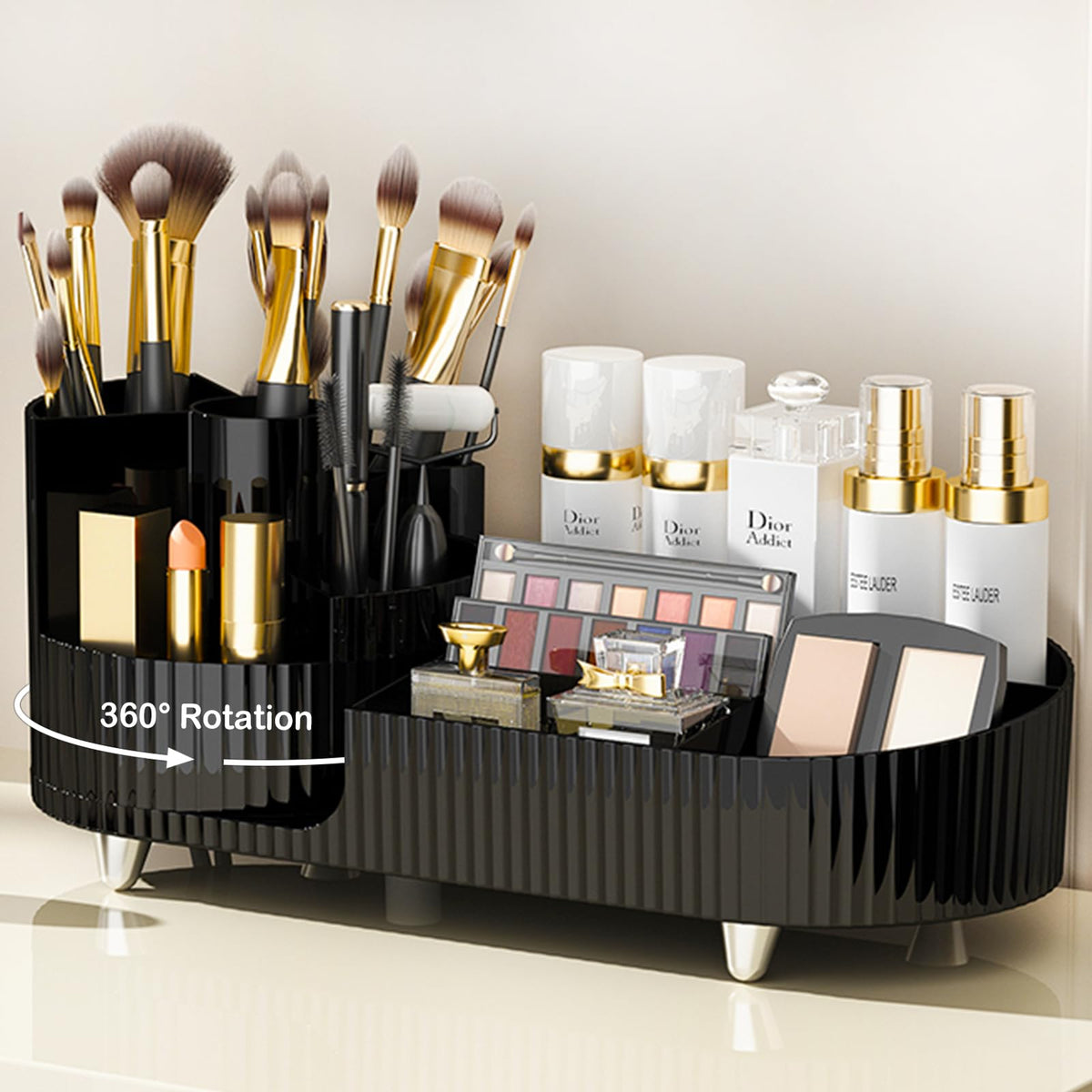 COMFYROOM rotating makeup organizer front view showing organized vanity storage.