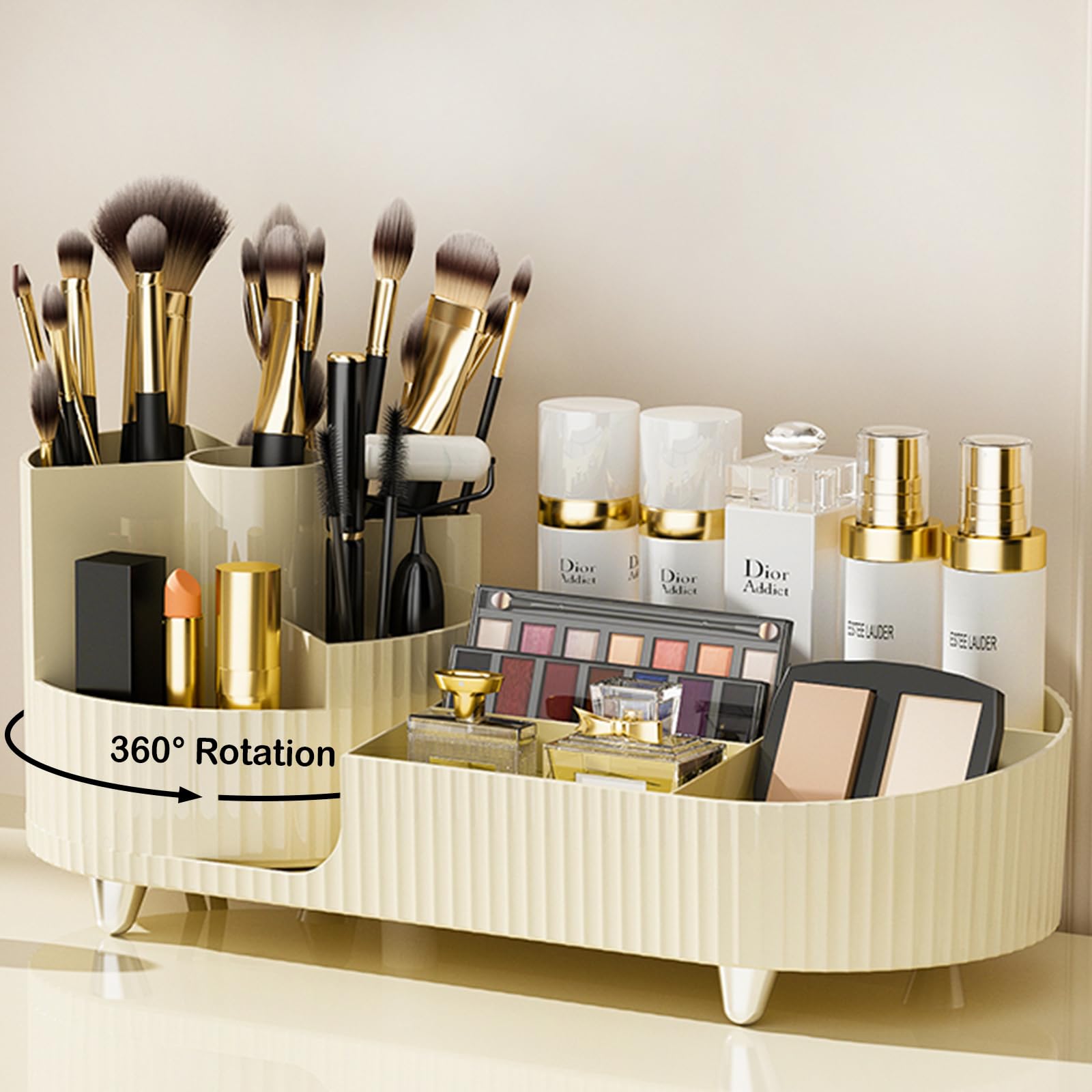 COMFYROOM rotating makeup organizer on vanity for easy access to cosmetics.