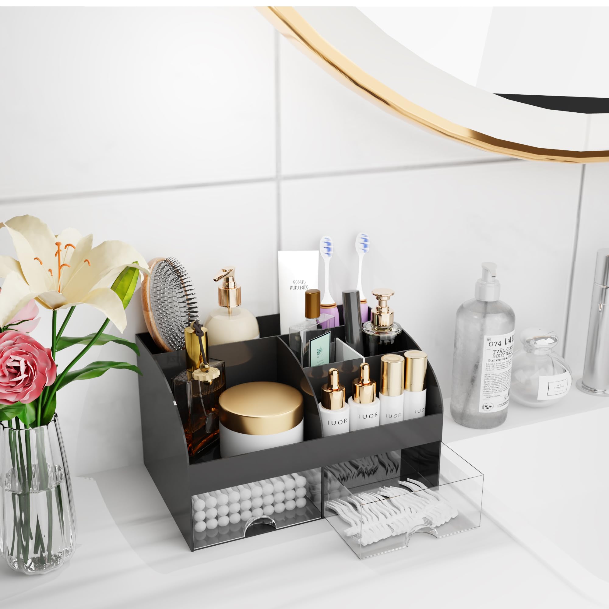 COMFYROOM vanity display keeps skincare and cosmetics within easy reach