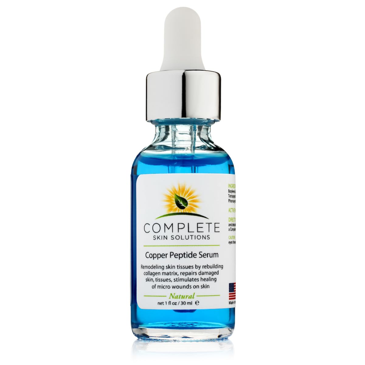 Complete Skin Solutions Copper Peptide Serum bottle illustrates a lightweight anti-aging formula for daily use