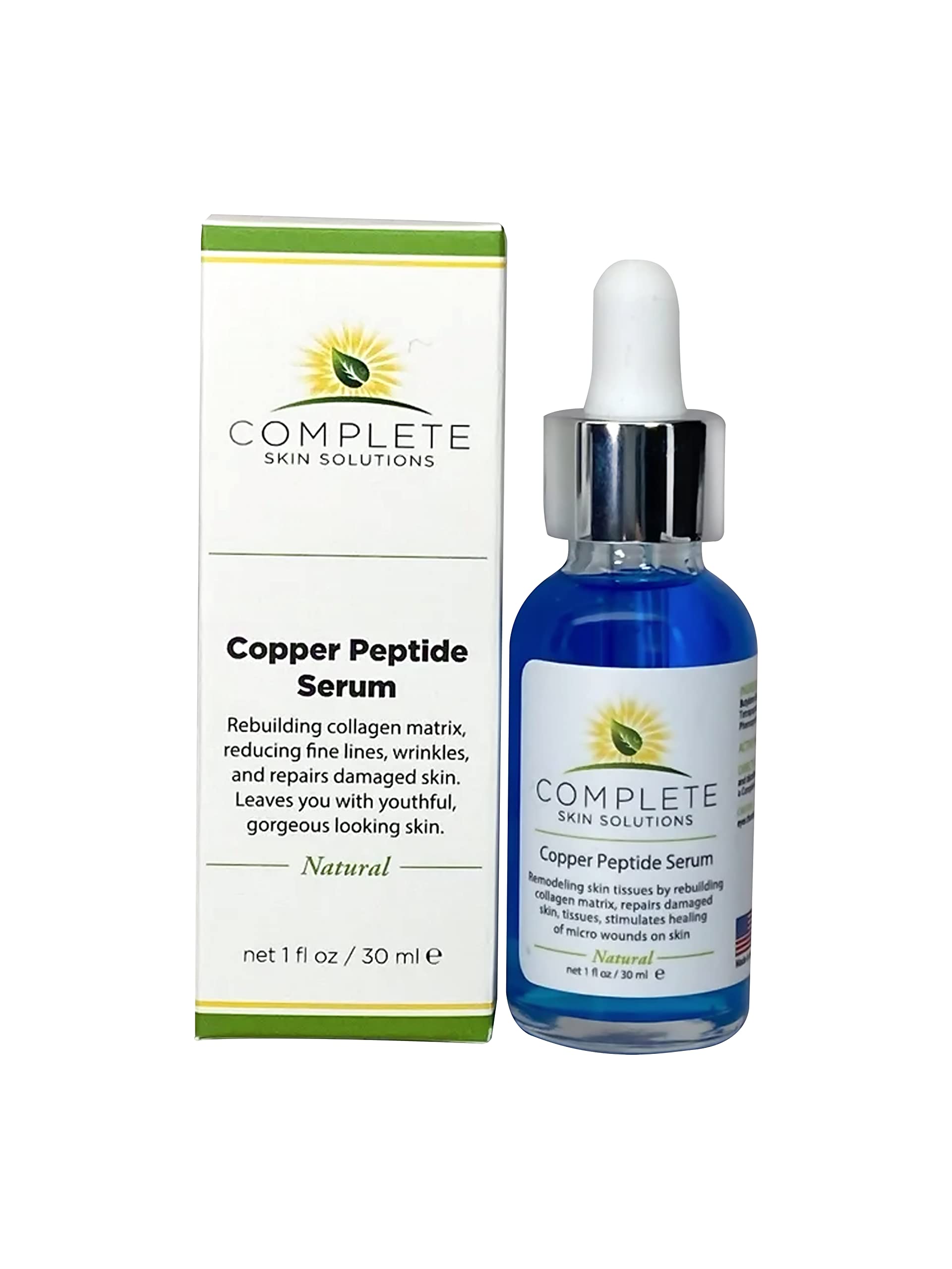 Complete Skin Solutions Copper Peptide Serum label close-up highlights USA-made quality