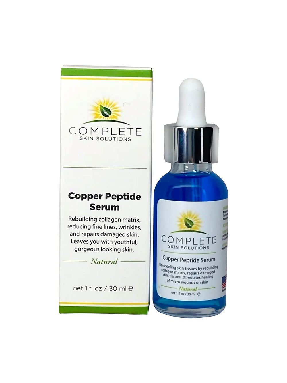 Complete Skin Solutions Copper Peptide Serum label close-up highlights USA-made quality