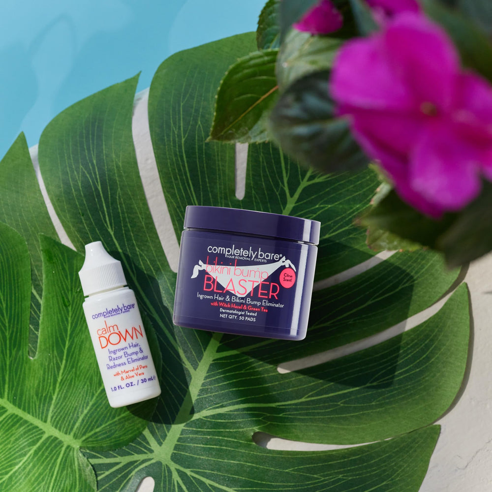 Completely Bare Bikini Bump Blaster bottle and pads for on-the-go smoothing.