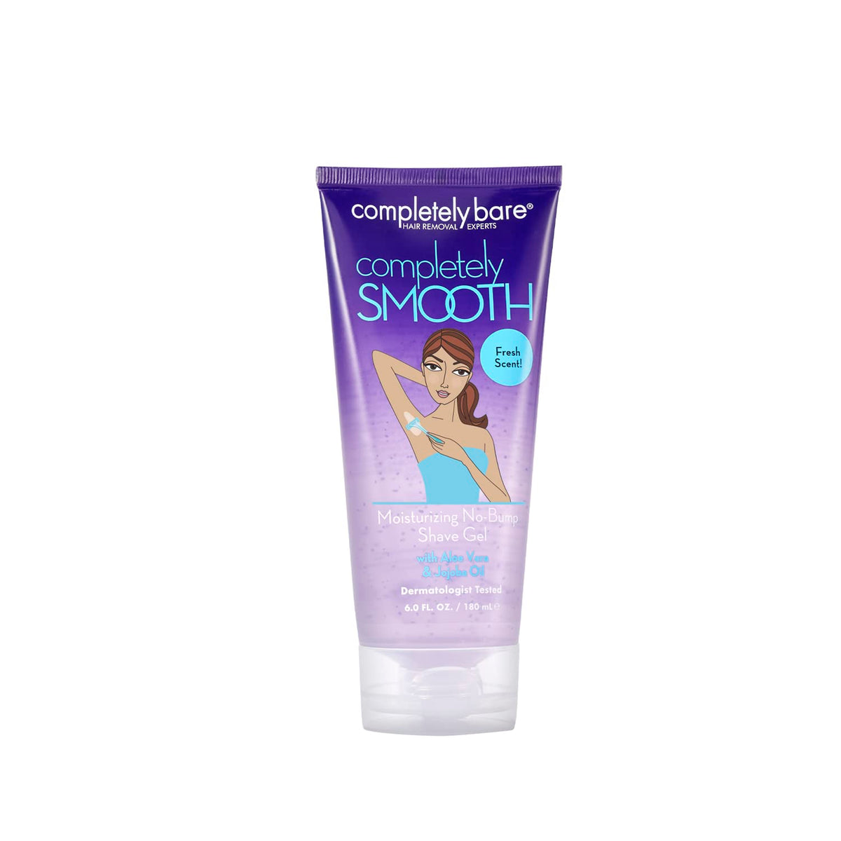 Completely Bare Completely SMOOTH bottle close-up shows hydrating shave gel for smoother skin.