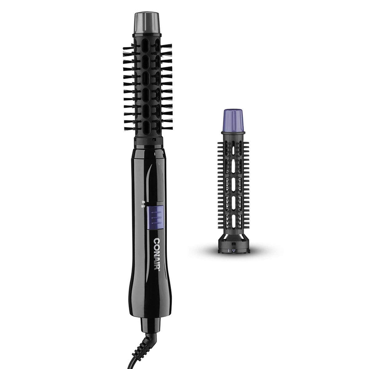 Conair 2-in-1 hot air styling curl brush on vanity for effortless home blowouts.