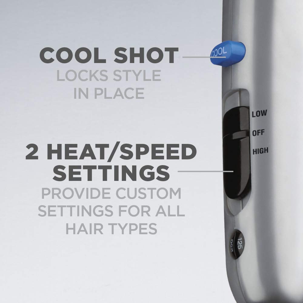 Two heat settings on the Conair dryer provide versatile styling options