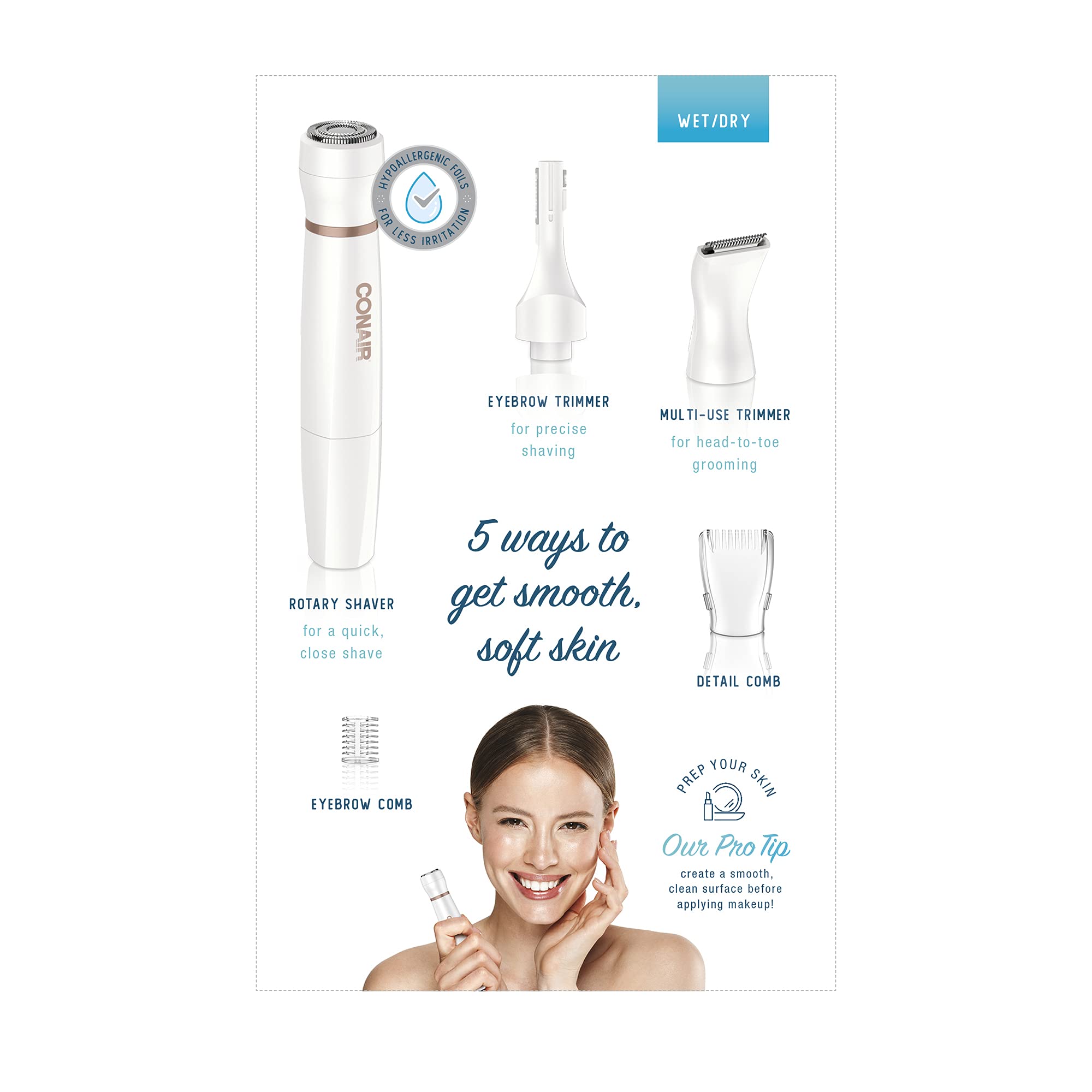 Conair All-In-1 rose gold design in white for portability.