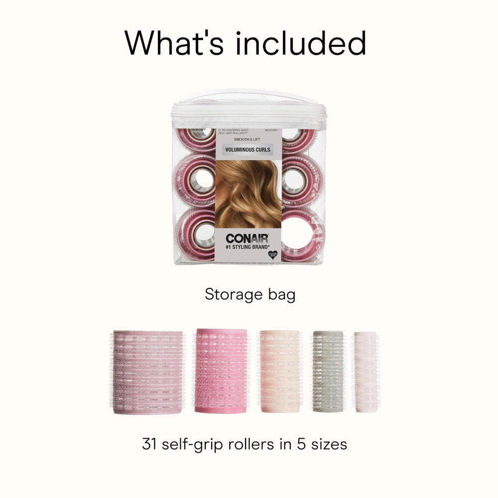 Conair close-up of multi-size rollers highlighting self-grip design.