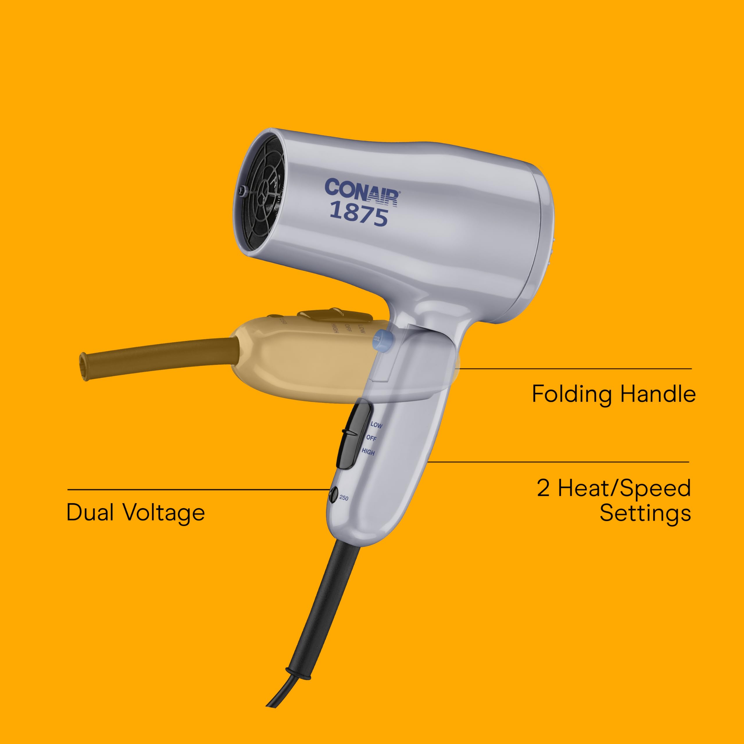 Conair compact hair dryer showing dual-voltage capability