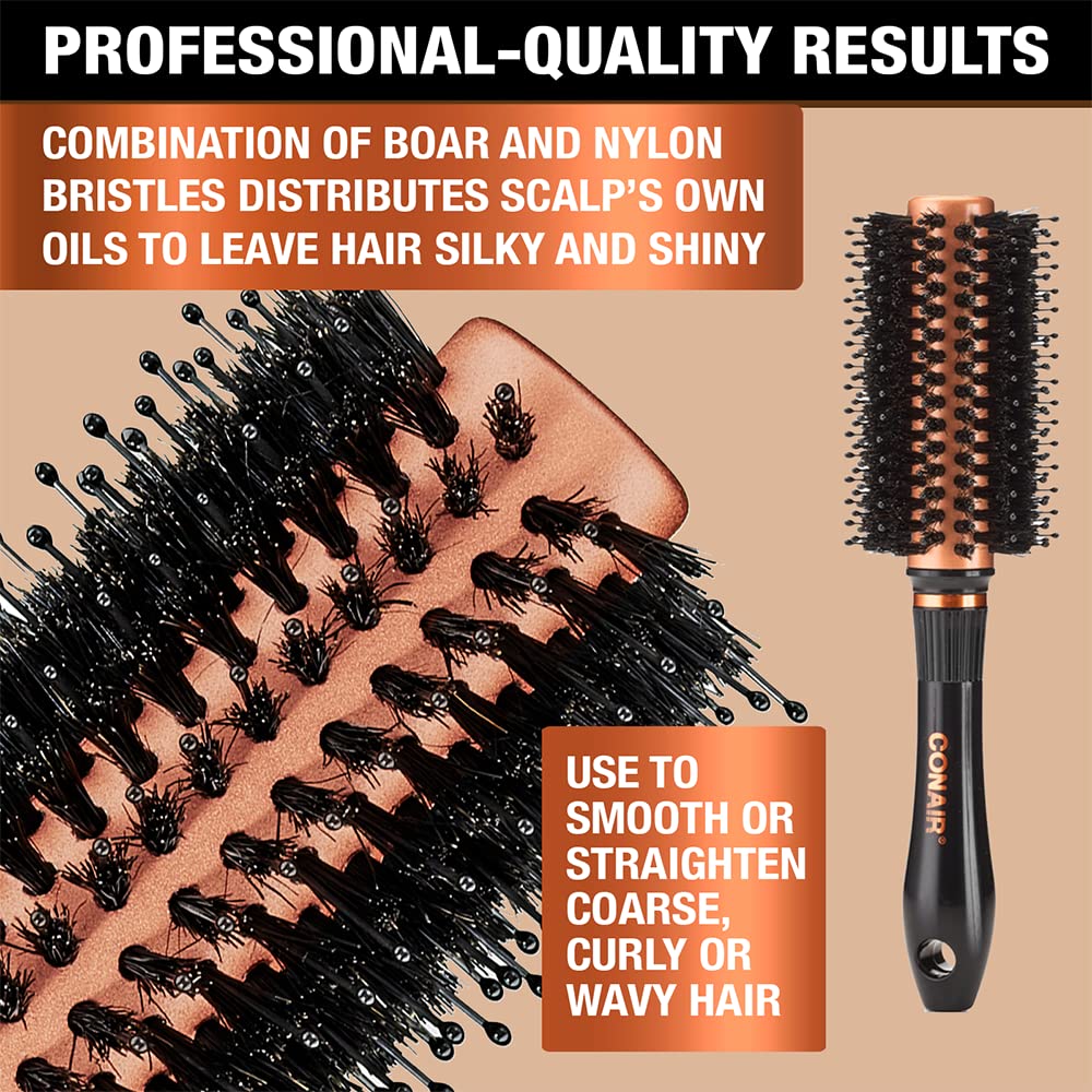 Conair Copper Collection round hair dryer brush ball-tipped bristles deliver snag-free blowouts.