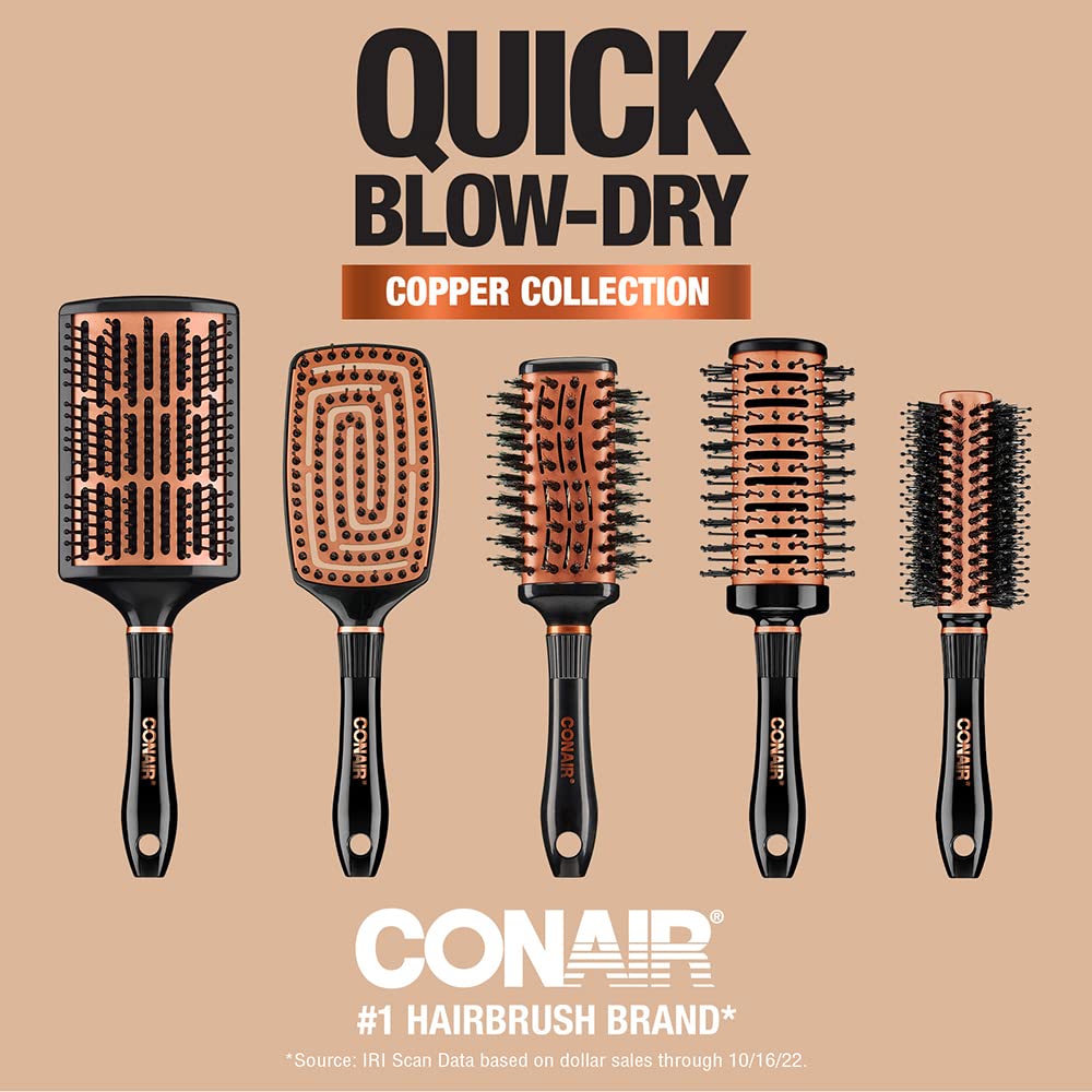 Conair Copper Collection round hair dryer brush versatile design supports smoothing, curling, and beachy waves.