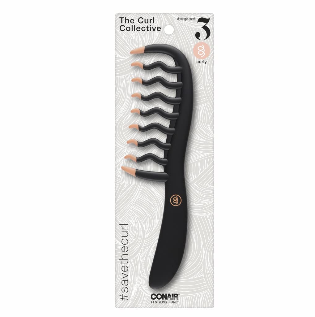 Conair Curly Hair Comb Black and Pink close-up of curved teeth for gentle detangling of curls.