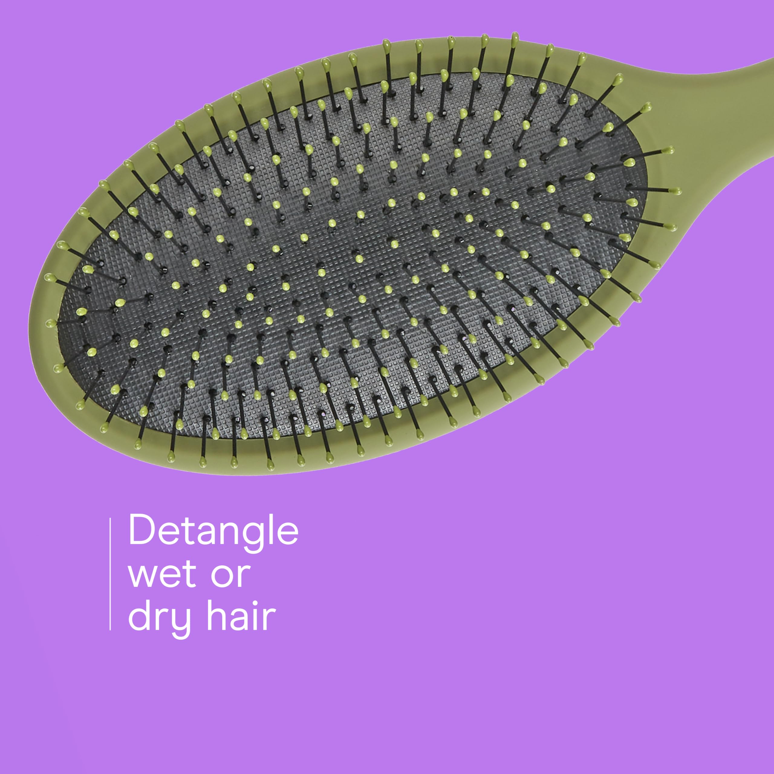 Conair brush features soft ball-tipped bristles cushion scalp.