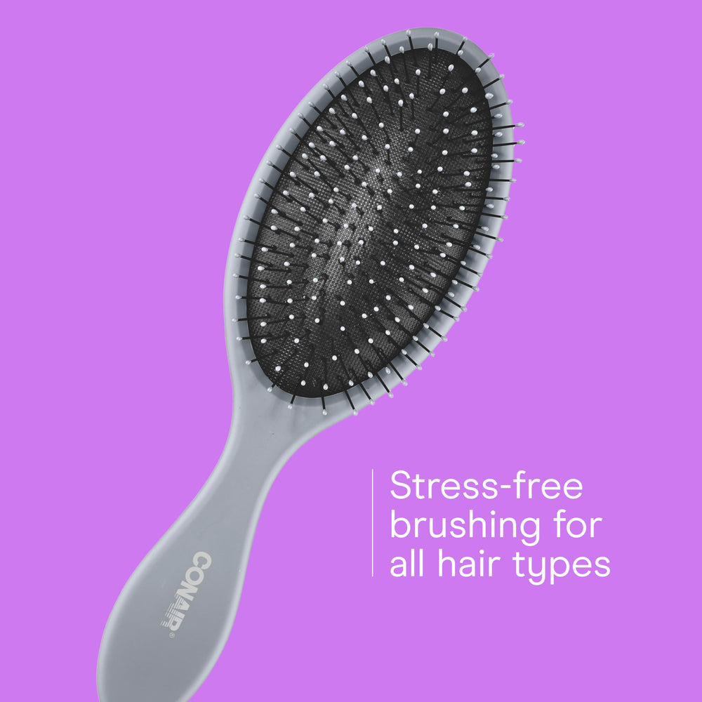 Conair detangling brush set closeup highlighting ball-tipped bristles for scalp comfort