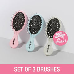Conair Detangling Mini Brush set blue, soft bristles glide through curls without snagging.