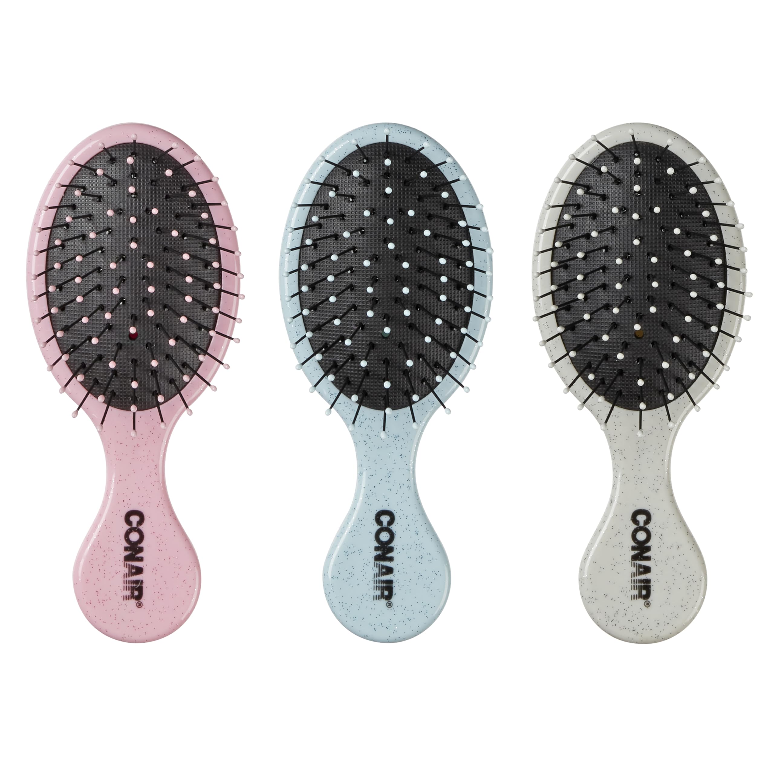 Conair Detangling Mini Brush set pink with glitter, gentle detangling for wet or dry hair.