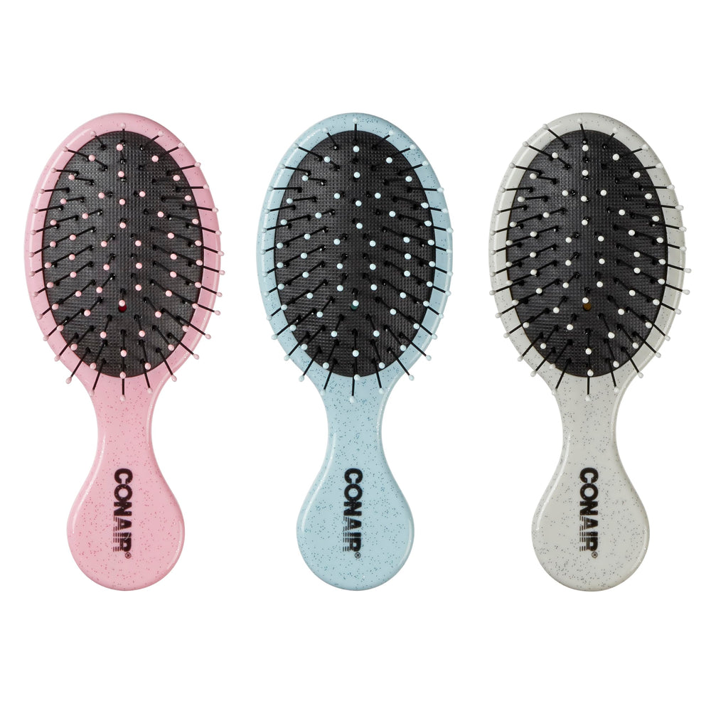 Conair Detangling Mini Brush set pink with glitter, gentle detangling for wet or dry hair.