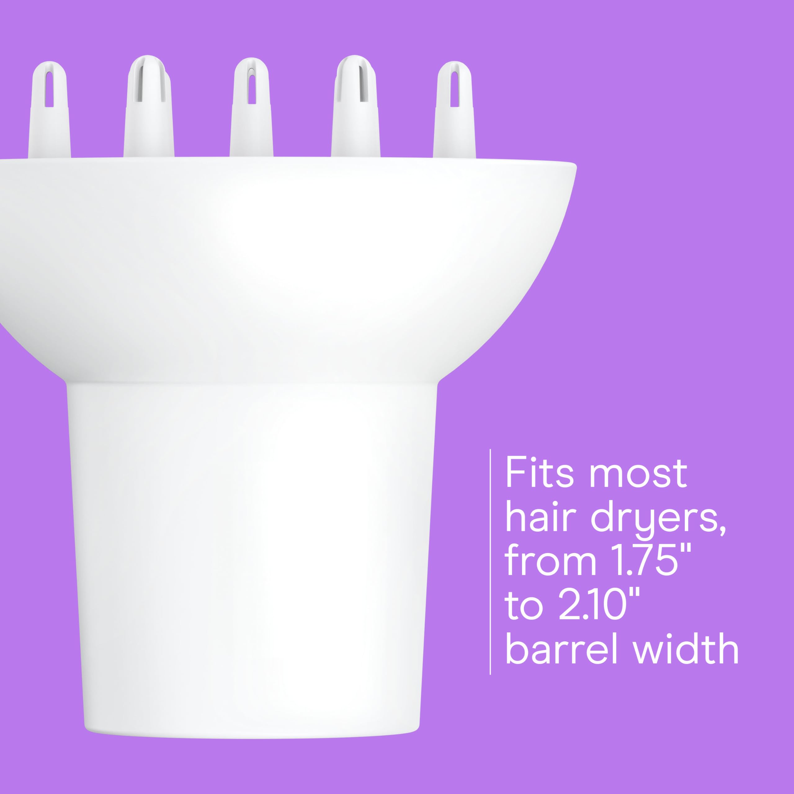 Conair universal diffuser compatible with nozzles from 1.75 to 2.1 inches for versatile fit.