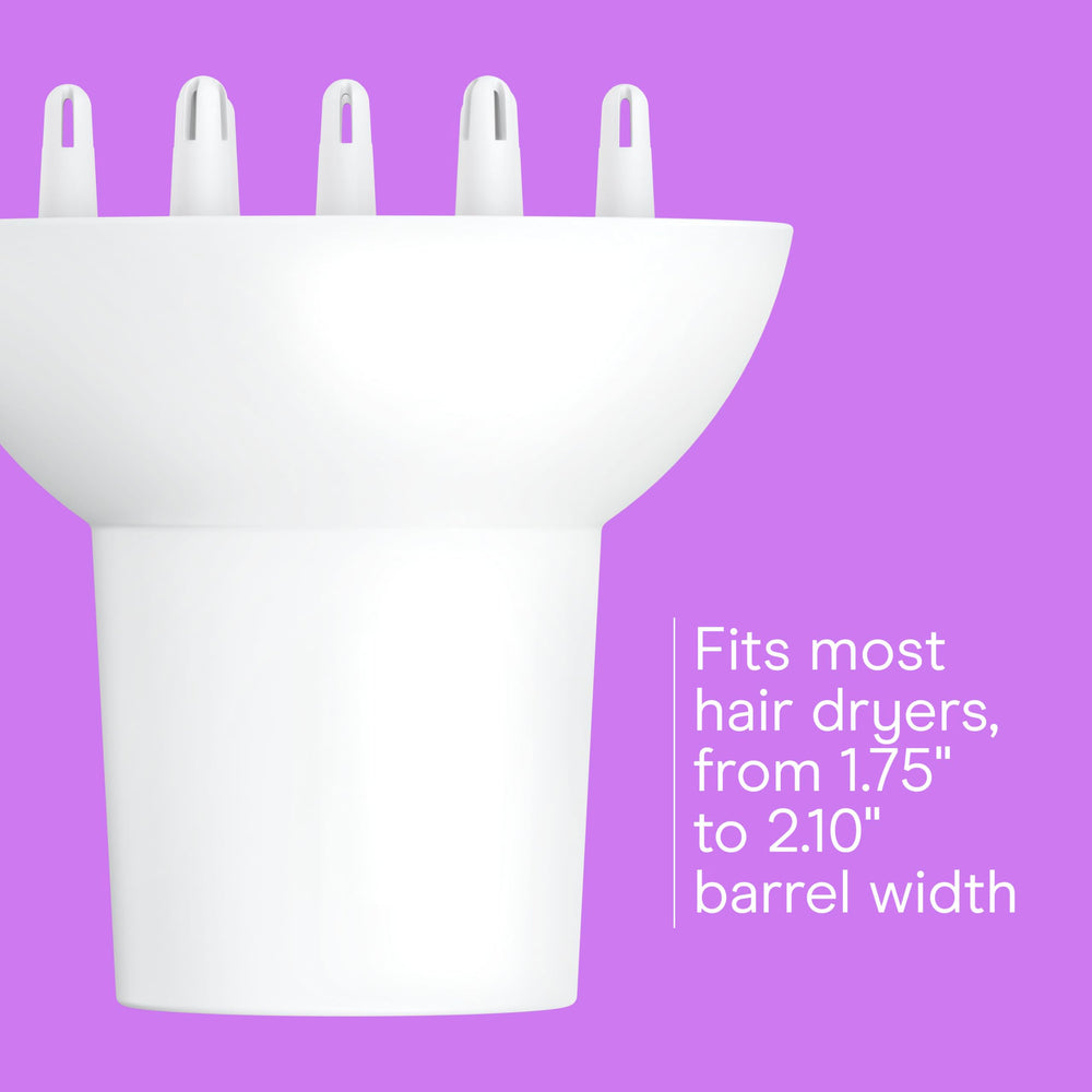 Conair universal diffuser compatible with nozzles from 1.75 to 2.1 inches for versatile fit.