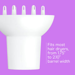 Conair universal diffuser compatible with nozzles from 1.75 to 2.1 inches for versatile fit.