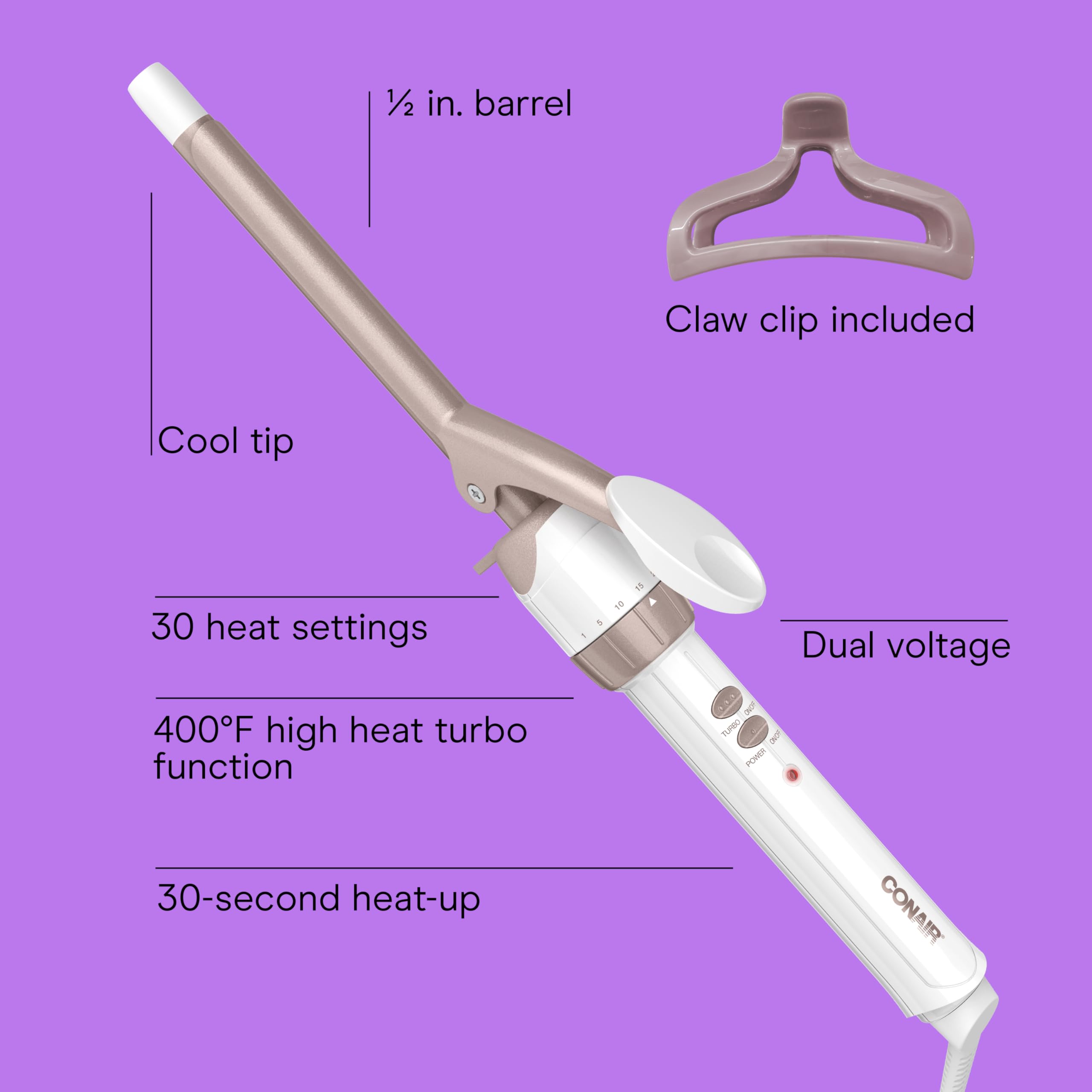 Conair Double Ceramic curling iron producing spiral curls with customizable heat settings.
