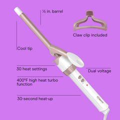 Conair Double Ceramic curling iron producing spiral curls with customizable heat settings.