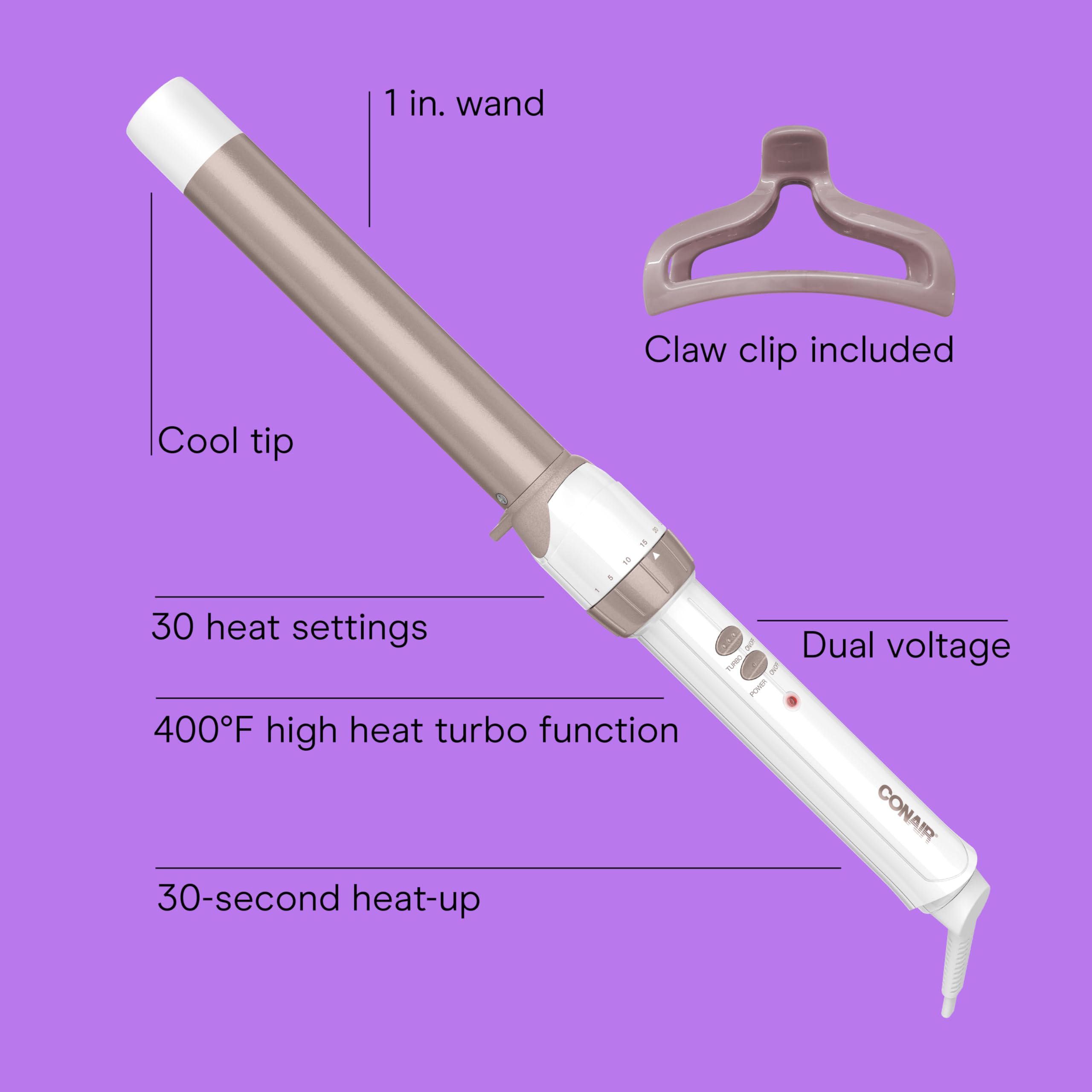 Conair Double Ceramic 1inch Wand with claw clip keeps sections secure for precise styling