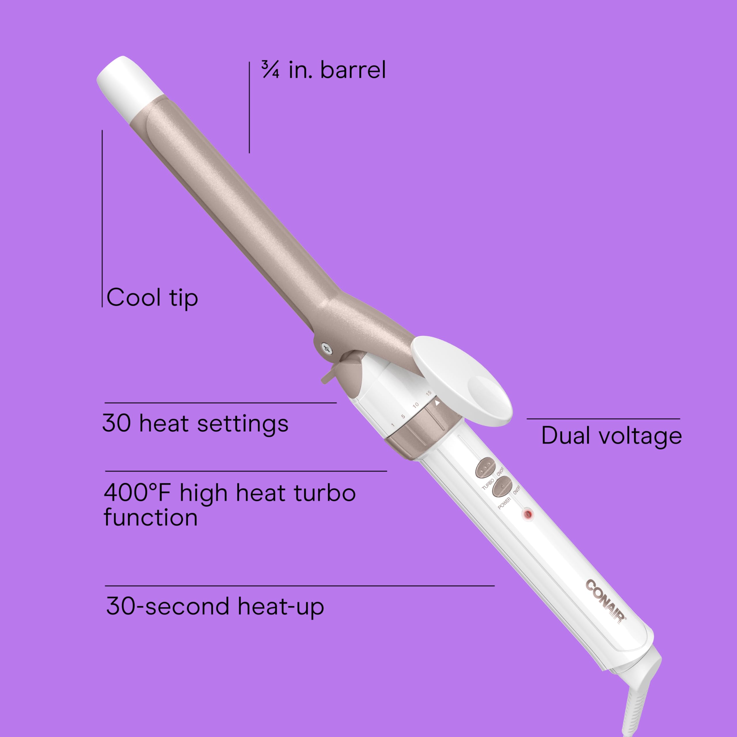 Conair Double Ceramic ¾-Inch Curling Iron barrel close-up highlights even heat for smooth curls.