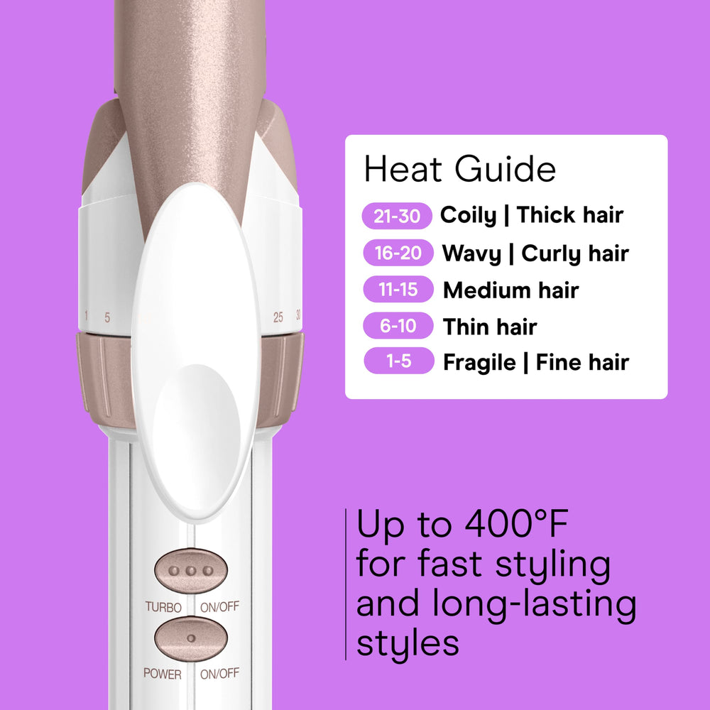 Conair curling iron in-use on long hair producing defined curls.