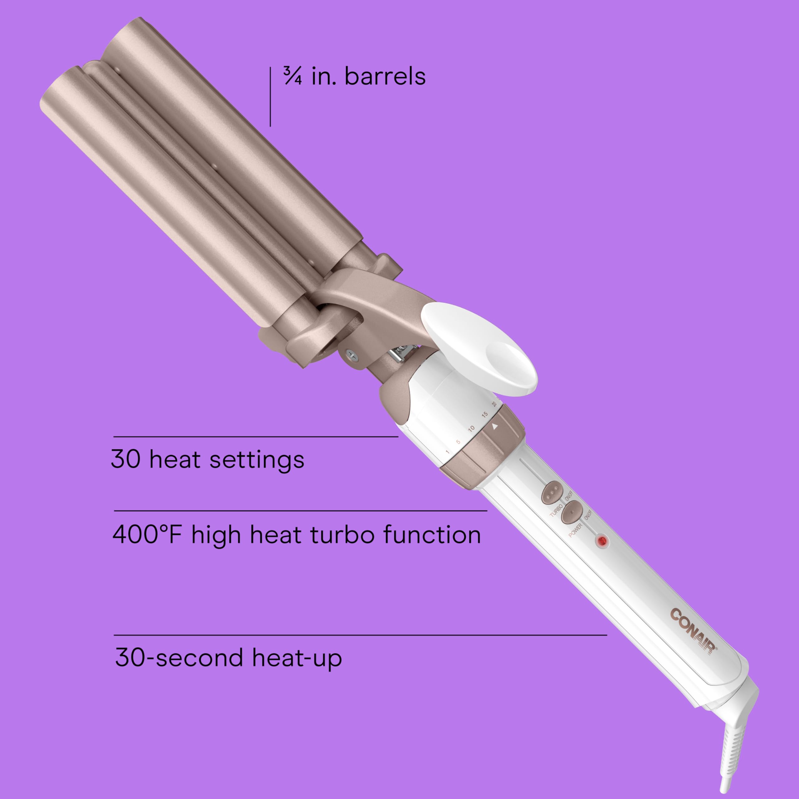 Conair Double Ceramic 3-Barrel Curling Iron detail of outer five-eighth and inner half-inch barrels