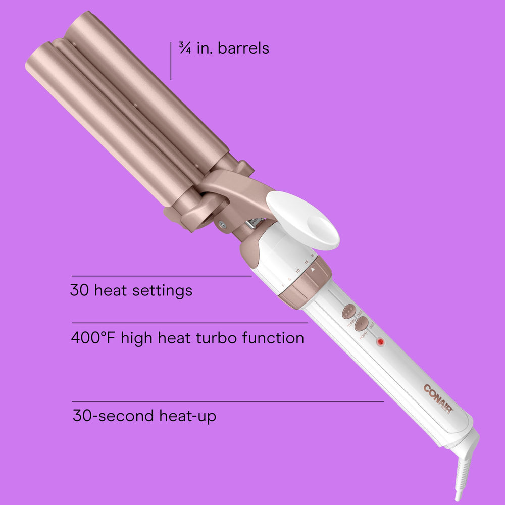 Conair Double Ceramic 3-Barrel Curling Iron detail of outer five-eighth and inner half-inch barrels