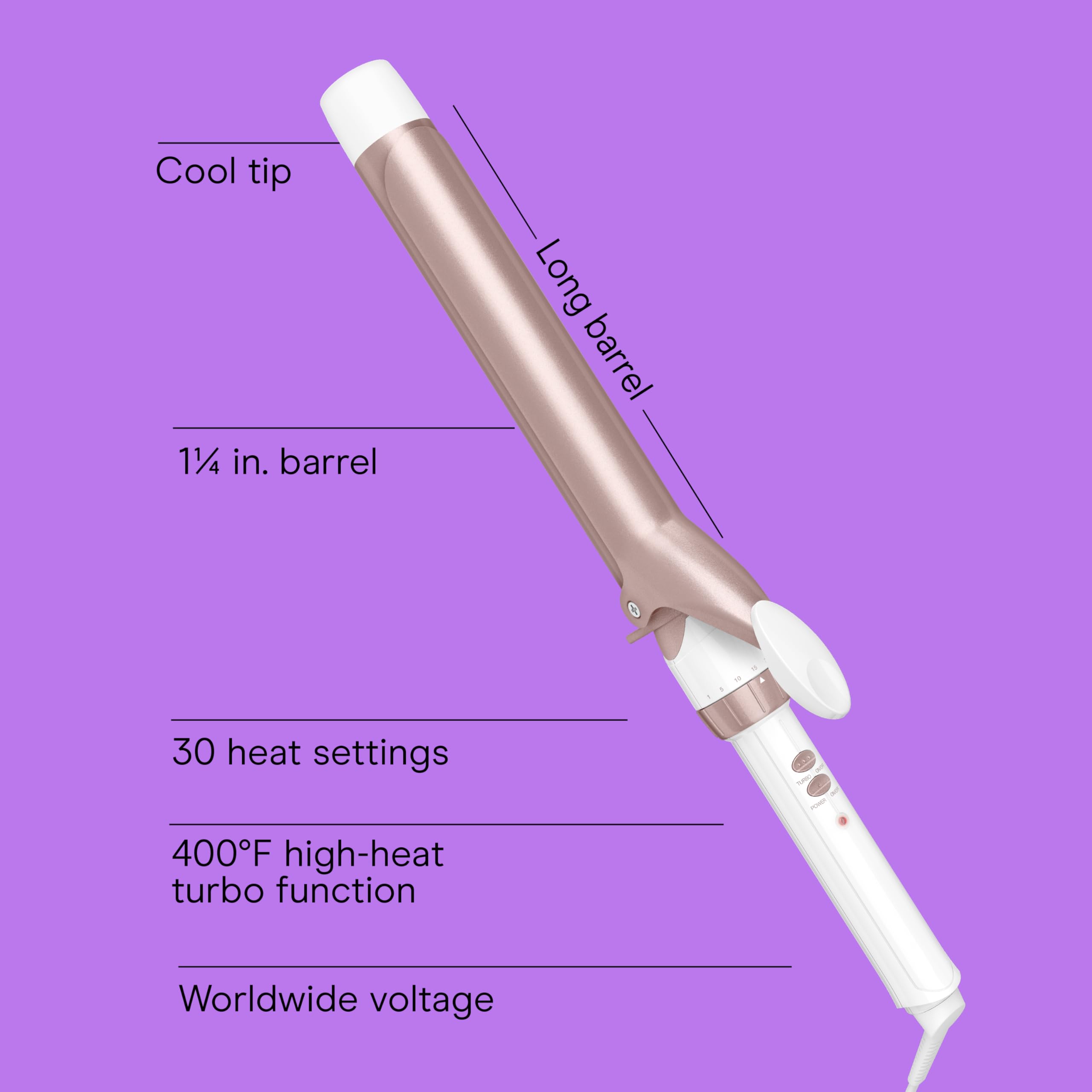 Conair double ceramic even-heat technology promotes smoother curls with reduced frizz.