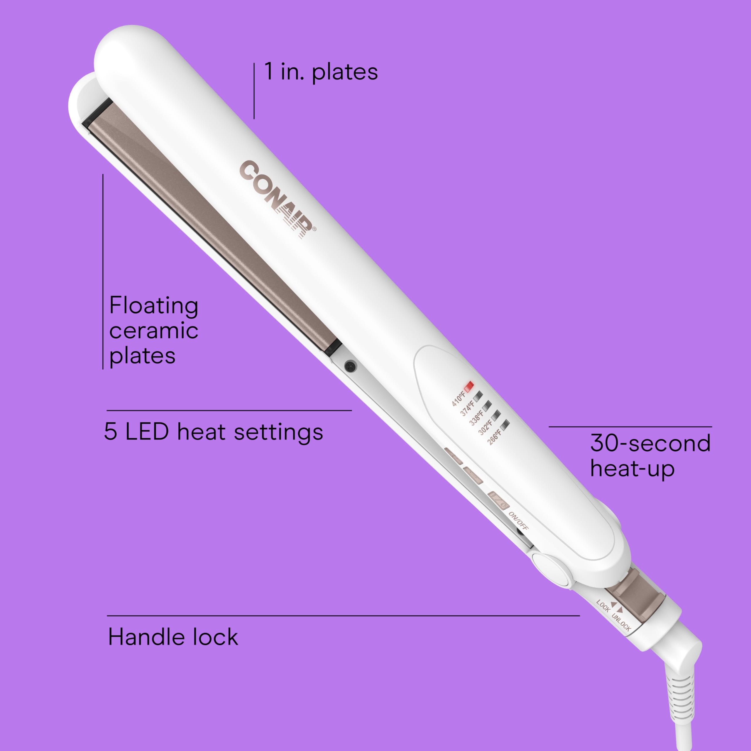 Conair flat iron with claw clip for easy hair sectioning during styling.