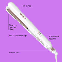 Conair flat iron with claw clip for easy hair sectioning during styling.