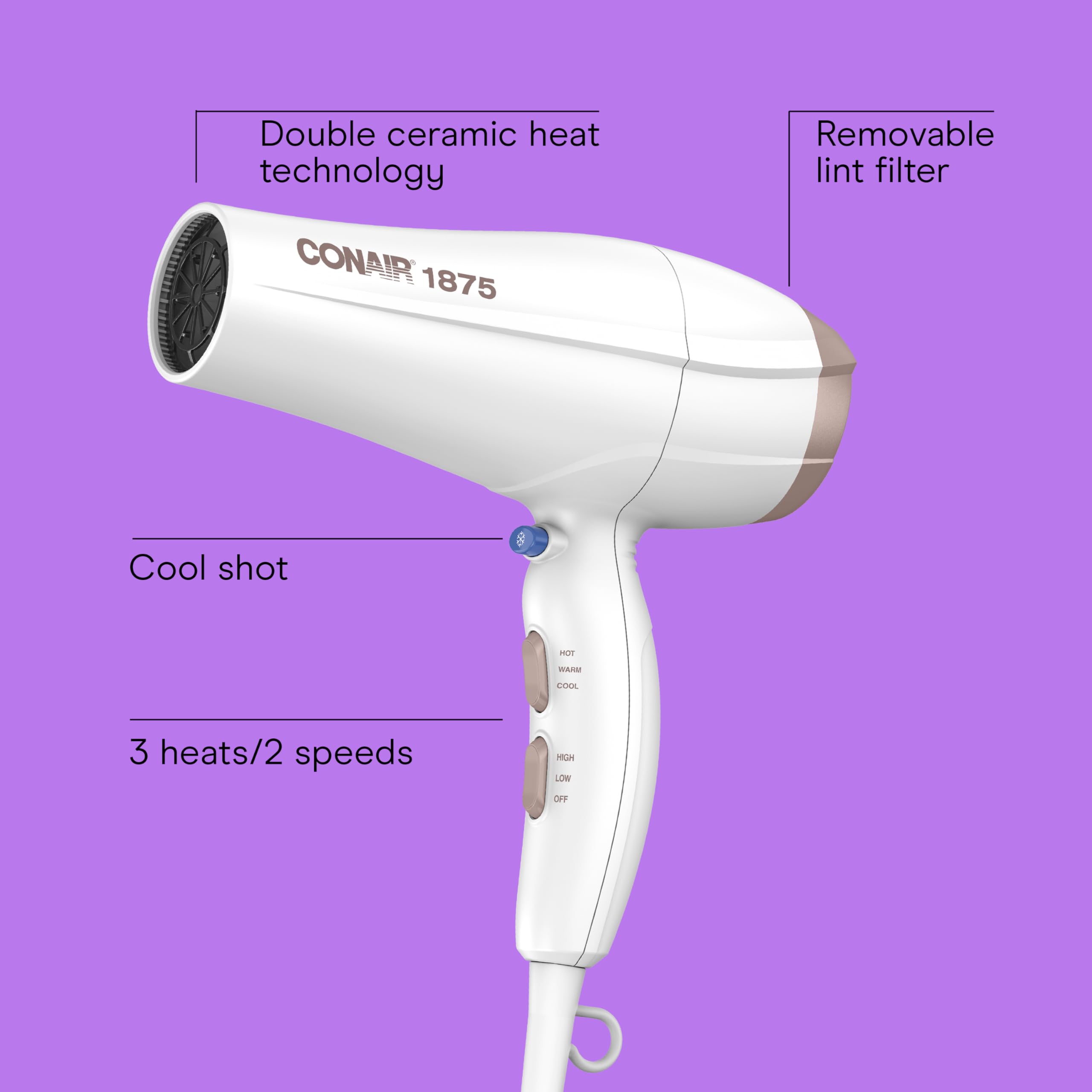 Conair Double Ceramic Hair Dryer concentrator attachment for smooth, sleek results.