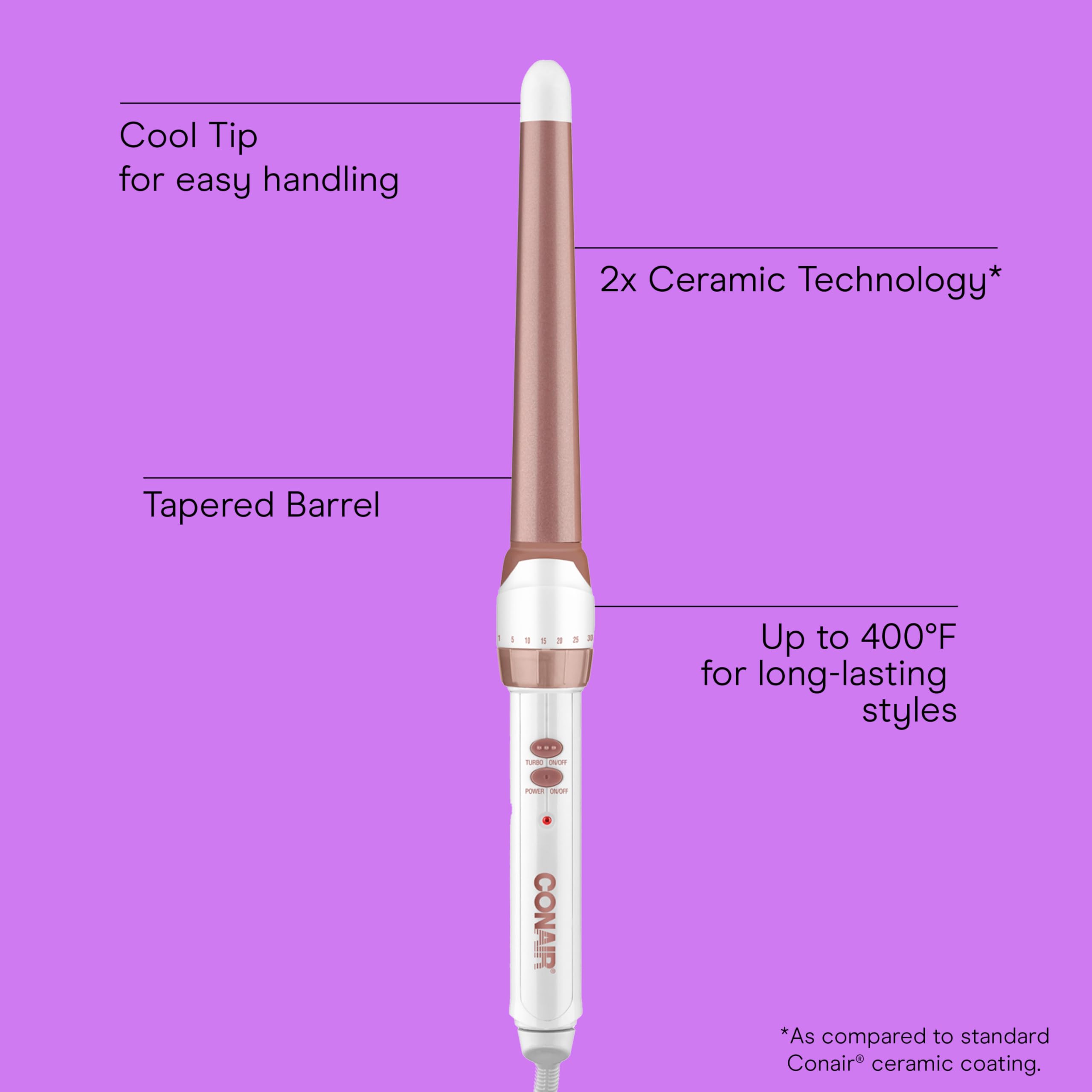 Conair curling wand heat settings dial with 30 options for customized styling