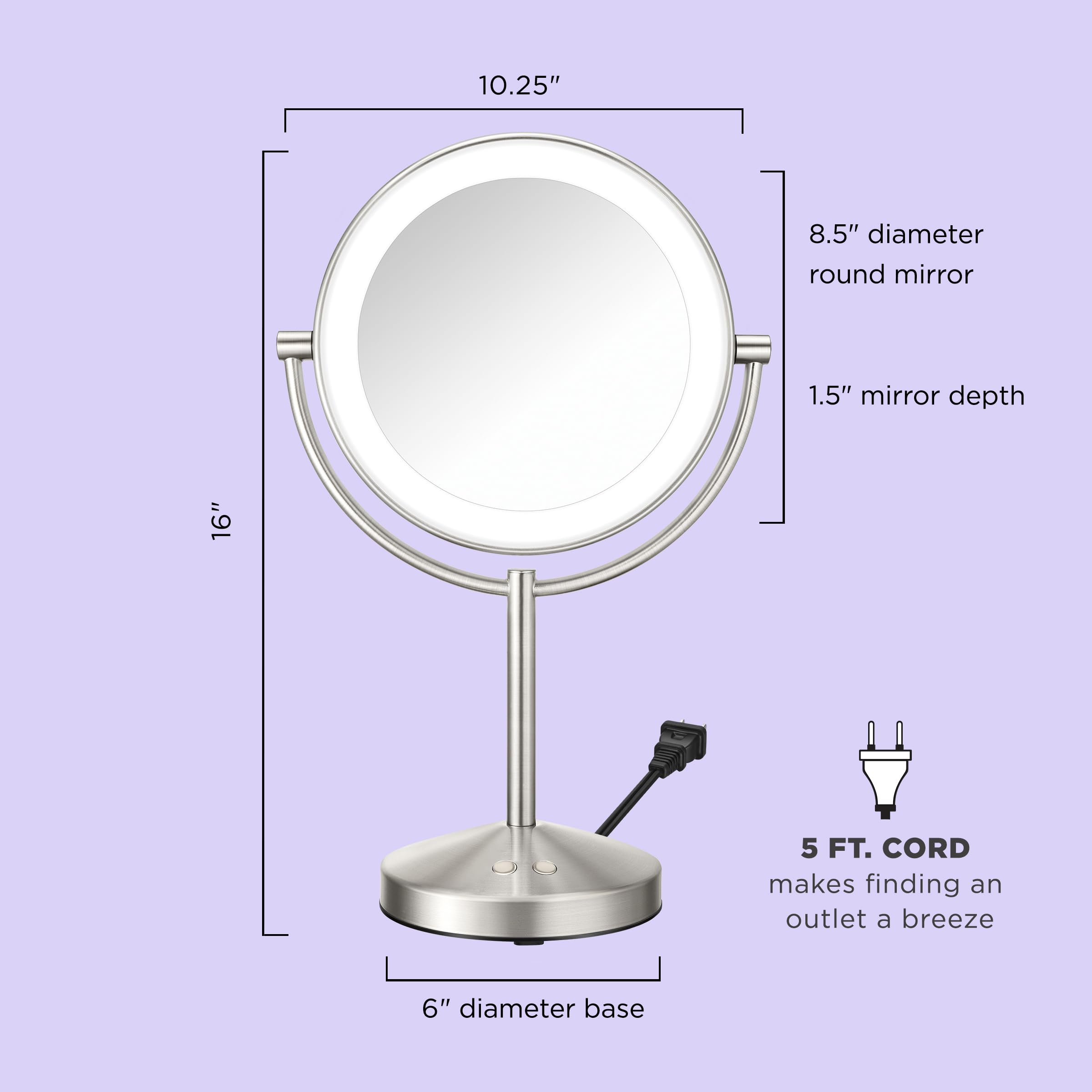 Conair double-sided mirror allows instant magnification changes for tweezing.