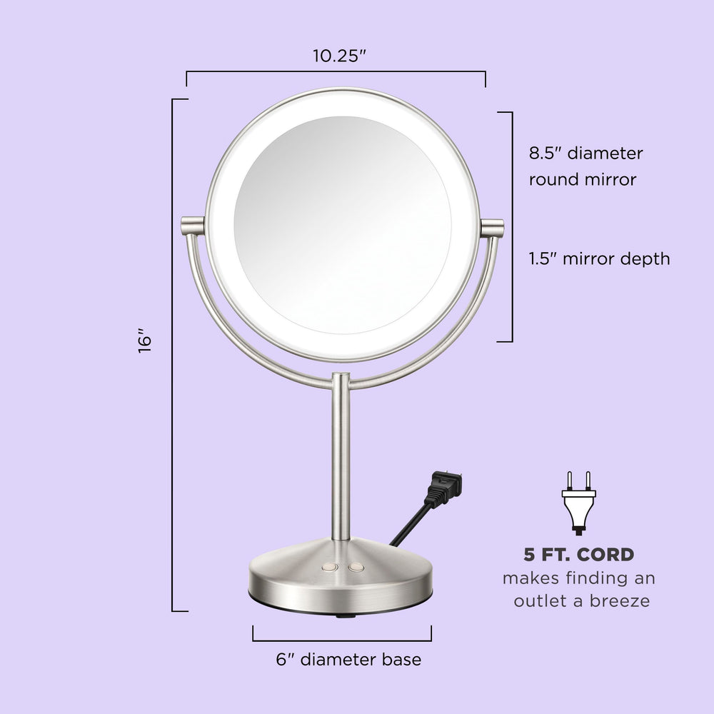 Conair double-sided mirror allows instant magnification changes for tweezing.