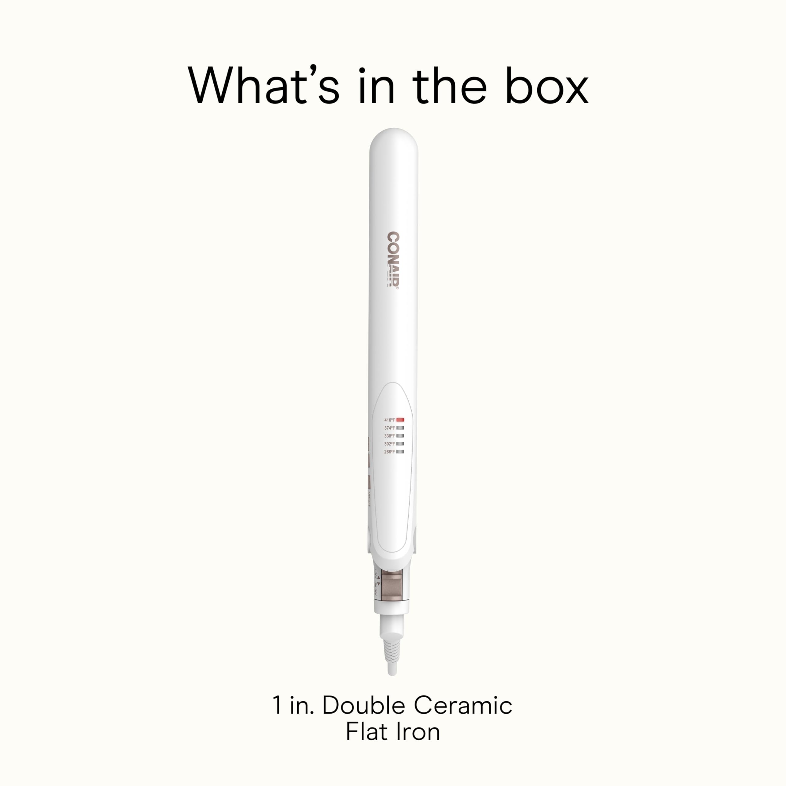 White body design of Conair flat iron for a clean, modern look.
