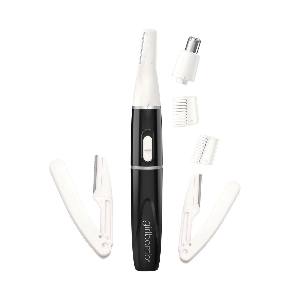 Conair GIRLBOMB all-in-one trimmer handle with interchangeable attachments for versatile grooming.