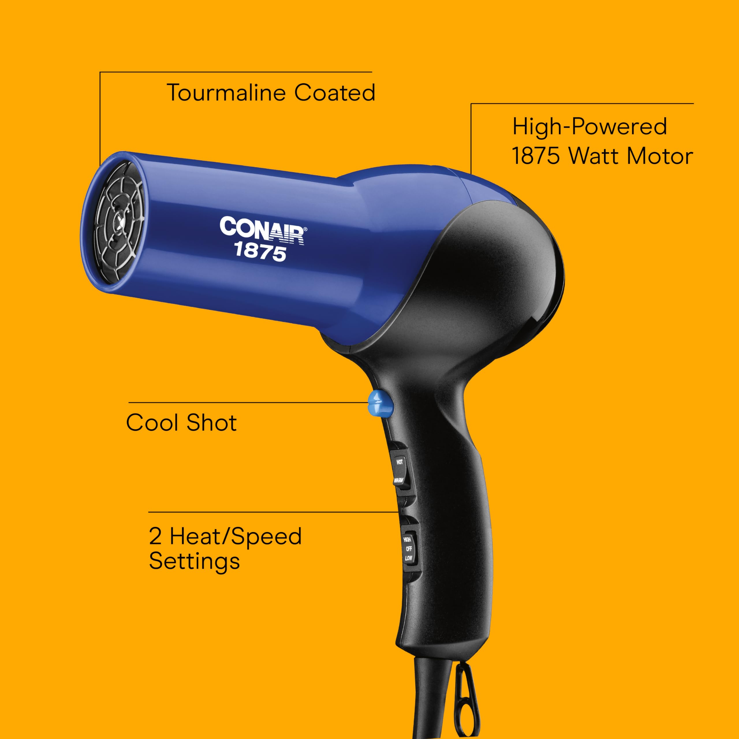 Conair hair dryer 1875W label close-up highlights high-output power for quick drying.