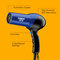 Conair hair dryer 1875W label close-up highlights high-output power for quick drying.