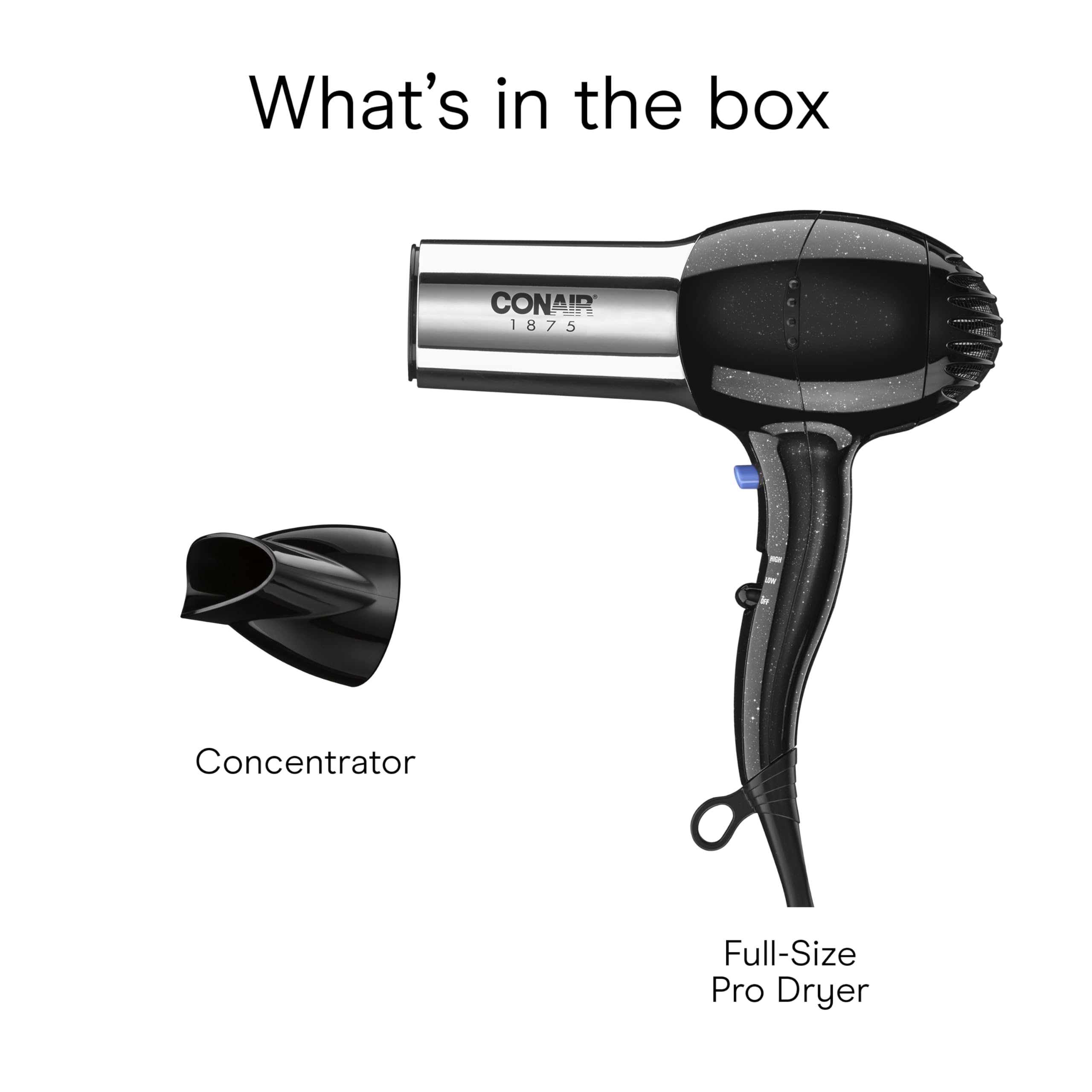 Conair hair dryer black-chrome finish adds a sleek look.
